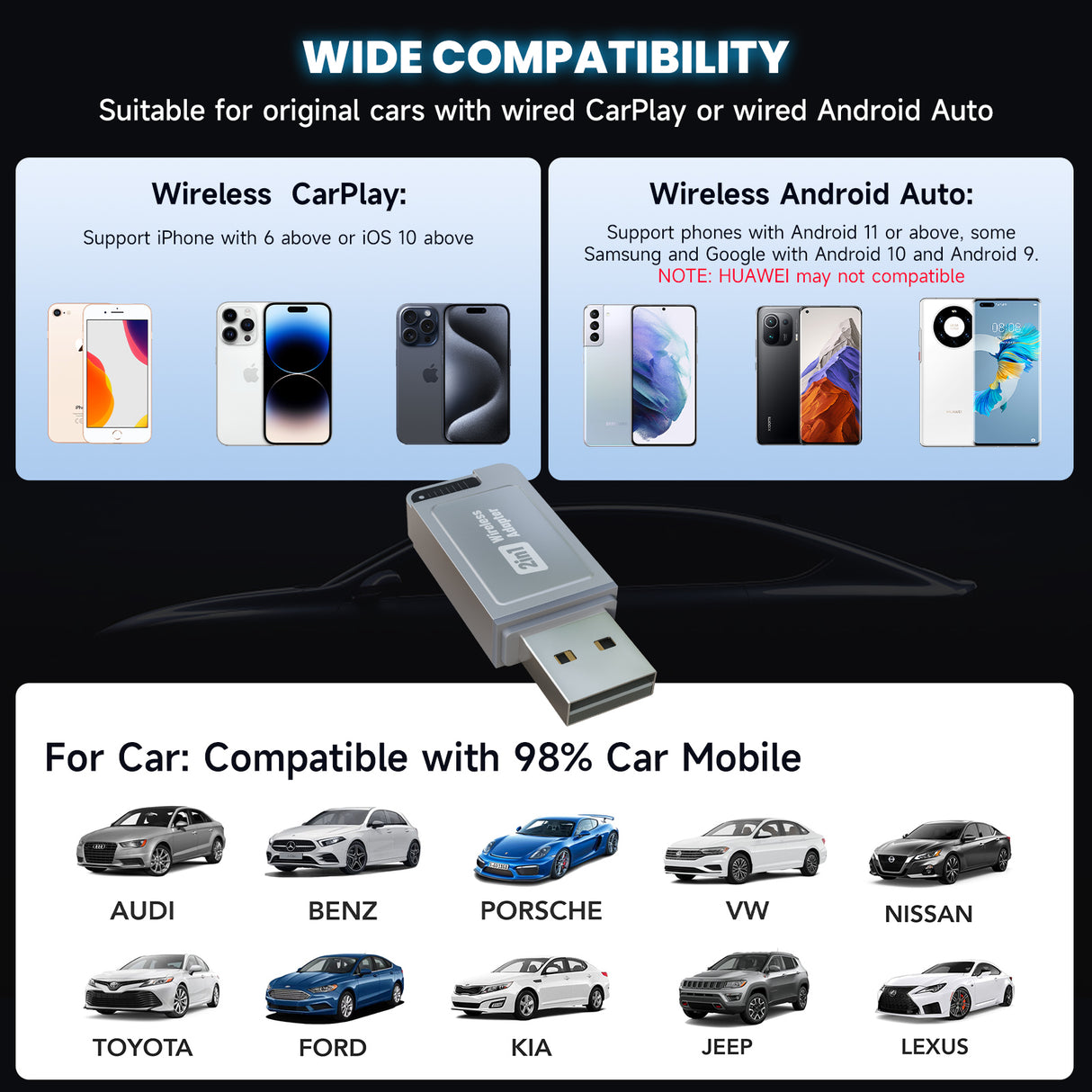 CL321-Wireless CarPlay& Adroid auto Adapter Auto-Reconnect, Supports Multiple Models