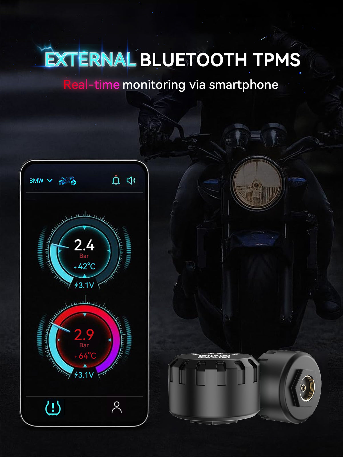 Spedal M04 Motorcycle Tire Pressure Monitoring System, Bluetooth TPMS for Motorcycles,Waterproof Wireless TPMS (2)