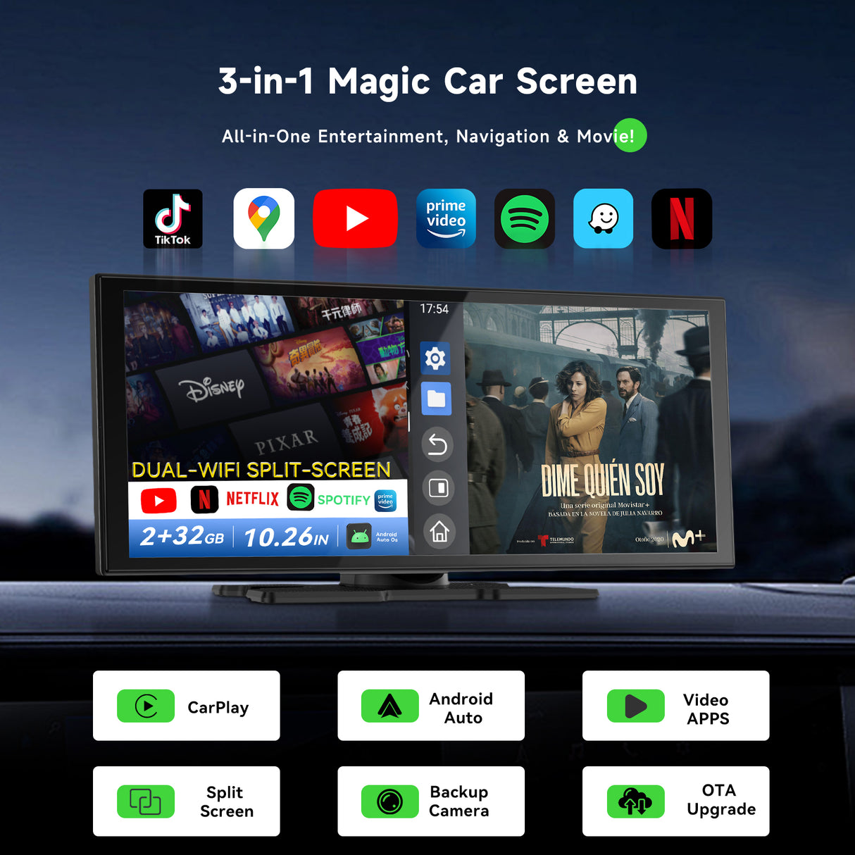 Spedal CL851-3 in 1 Display Audio Dual Wi-Fi wireless CarPlay/Android Auto simultaneous use 10.26 inch split screen display