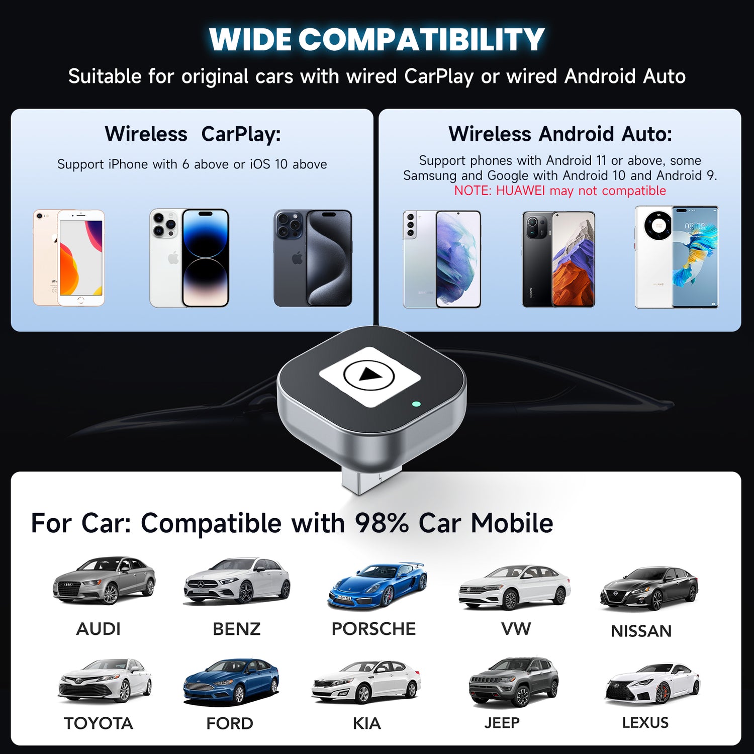 Spedal CL322-2 in 1 Wireless CarPlay Adapter, Plug & Plug Auto Connect No Delay