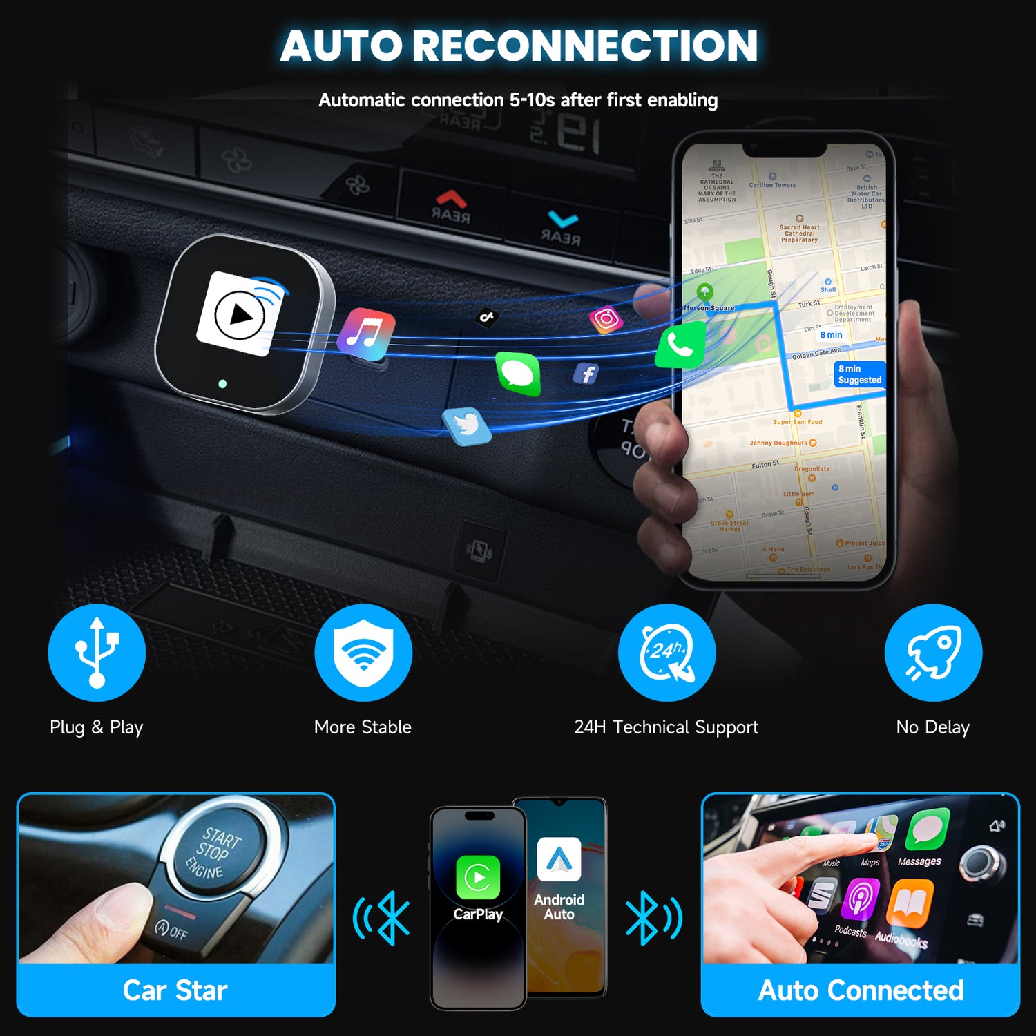 Spedal CL322-2 in 1 Wireless CarPlay Adapter, Plug & Plug Auto Connect No Delay