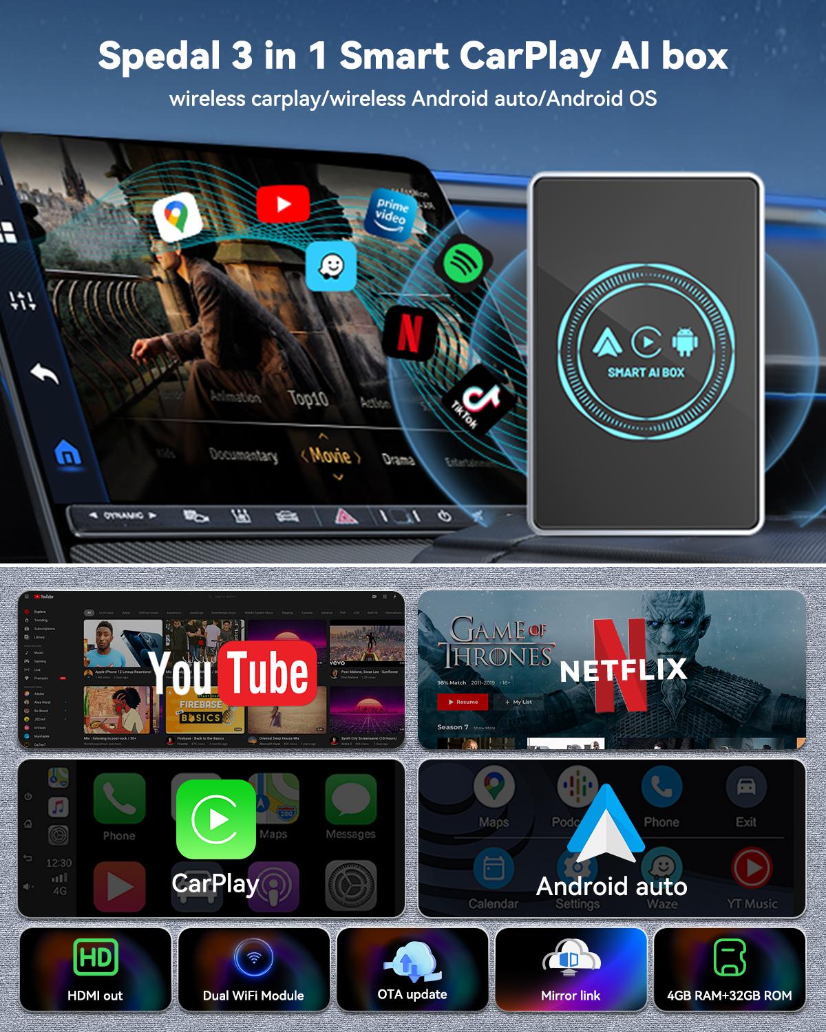 Ai Box Lite Air - Wi-Fi and Bluetooth Connectivity, For iPhone & Androids, Requires Wired Apple CarPlay, Expandable Storage with Youtube & Netflix