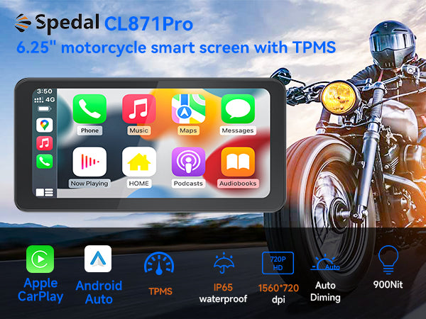 Spedal CL871 6.25" Motorcycle CarPlay & Android Auto Screen, TPMS, Quick-Release Anti-Theft Mount, Full Body Waterproof, GPS Navigation for Motorbike, Bluetooth, Siri/G00gle Assistant