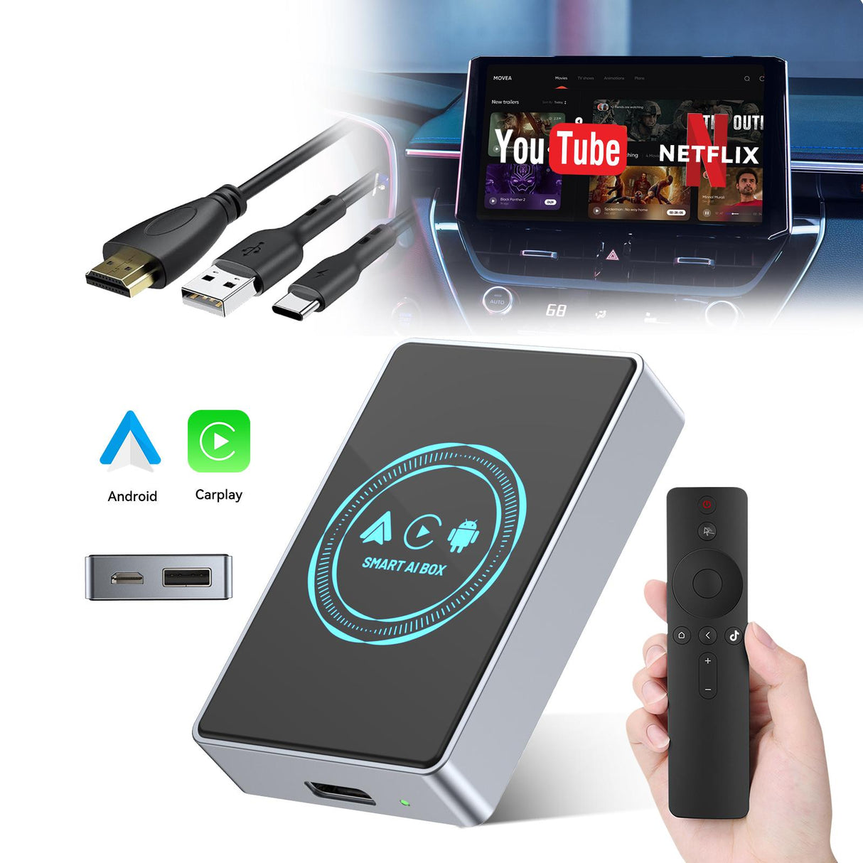 Ai Box Lite Air - Wi-Fi and Bluetooth Connectivity, For iPhone & Androids, Requires Wired Apple CarPlay, Expandable Storage with Youtube & Netflix