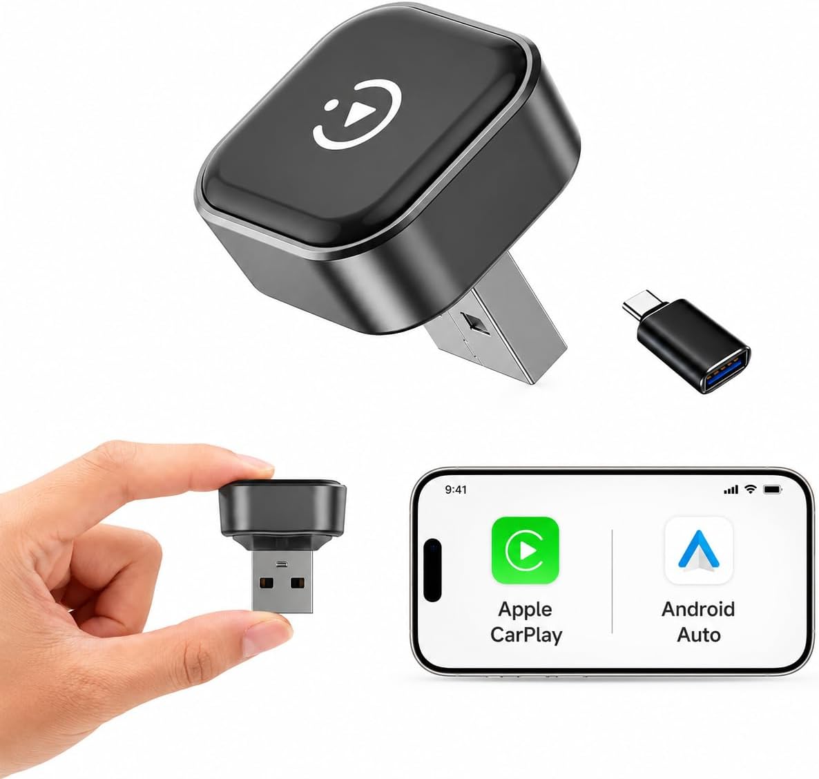 Hyphoon Mini Wireless CarPlay & Android Auto Adapter, Low-Profile USB-A 2-in-1 Wireless Adapter for Factory Wired CarPlay/Android Auto Cars, Plug-in Once Auto Reconnect, 5GHz WiFi, USB-C Adapter Included