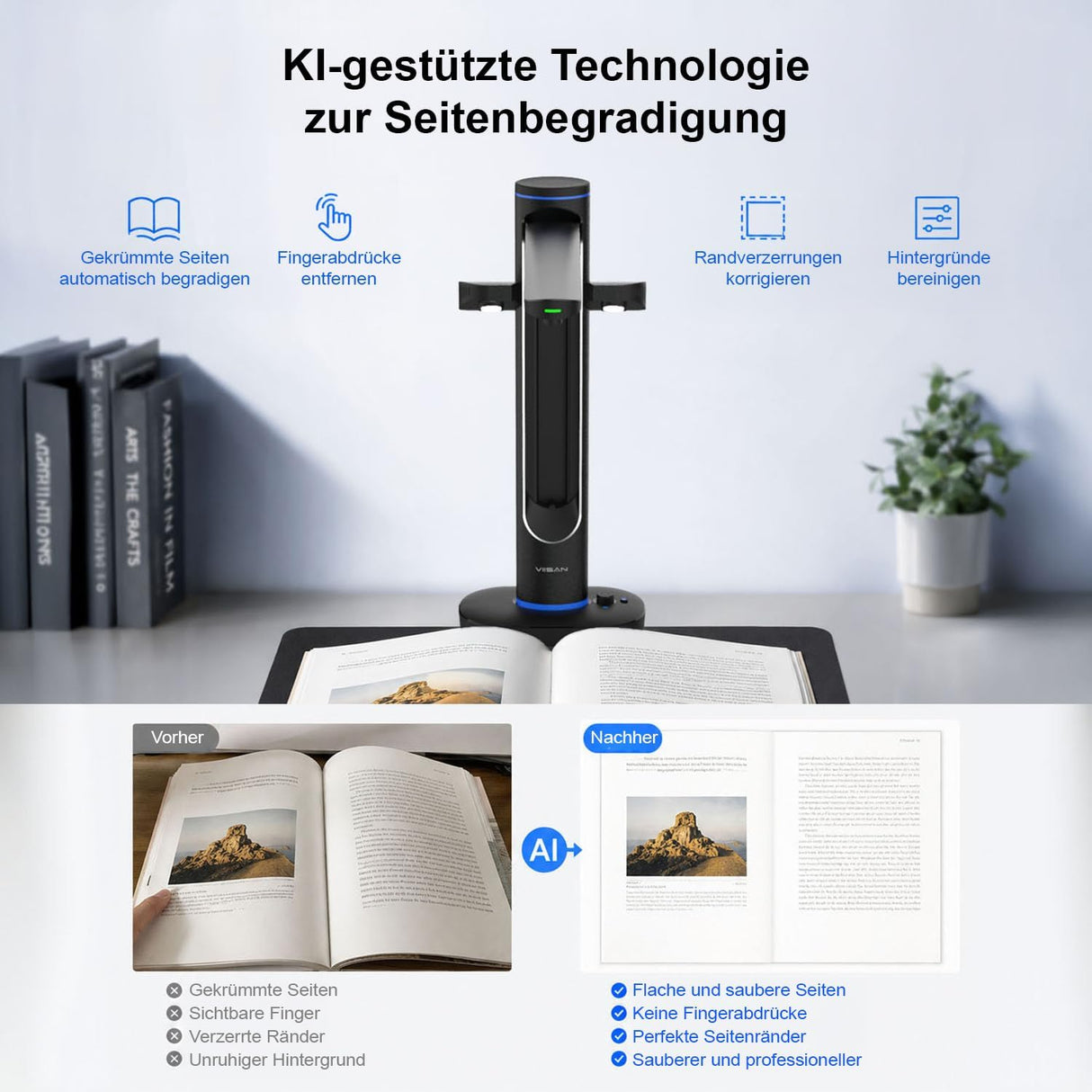 VIISAN S48 Duo Overhead Book Scanner - A2/A3 Large Format, Dual 48MP, 600 DPI with OCR & Text-to-Speech for Archiving and Distance Education