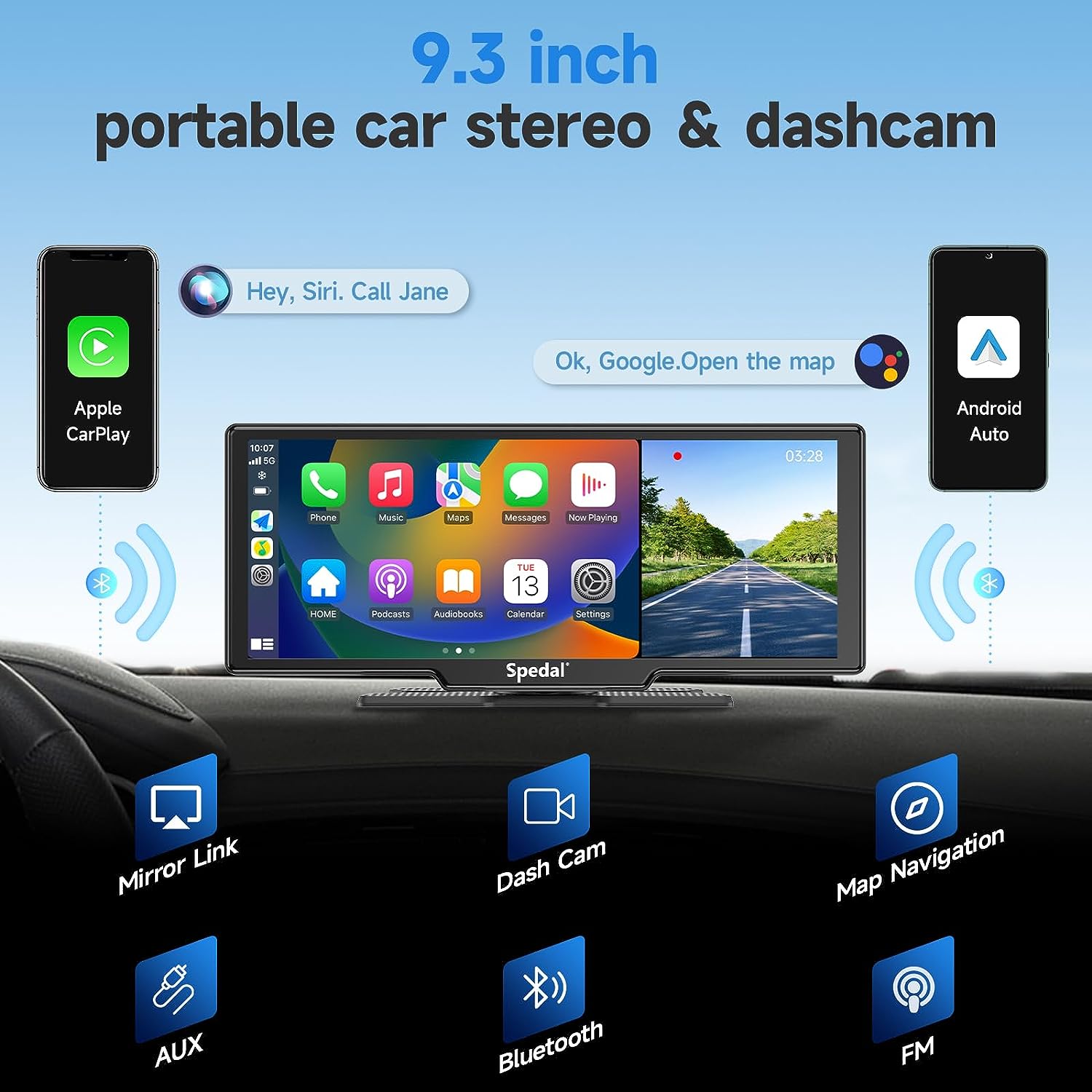 CL860-Portable 9.3"  Wireless CarPlay Car Stereo with Dash Cam