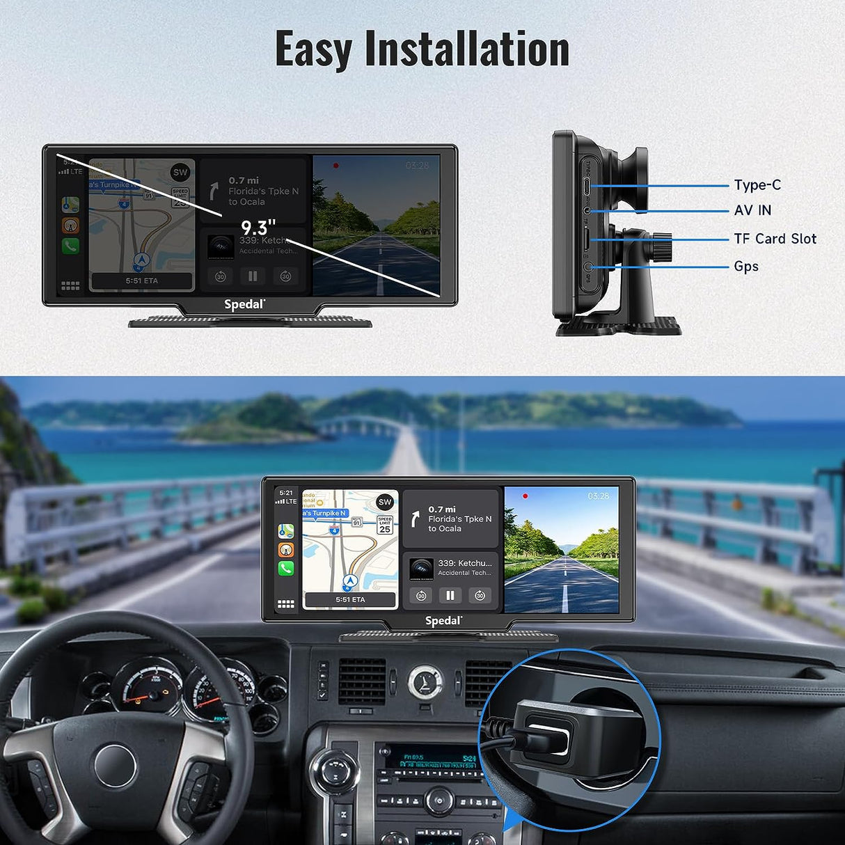 CL860-Portable 9.3"  Wireless CarPlay Car Stereo with Dash Cam