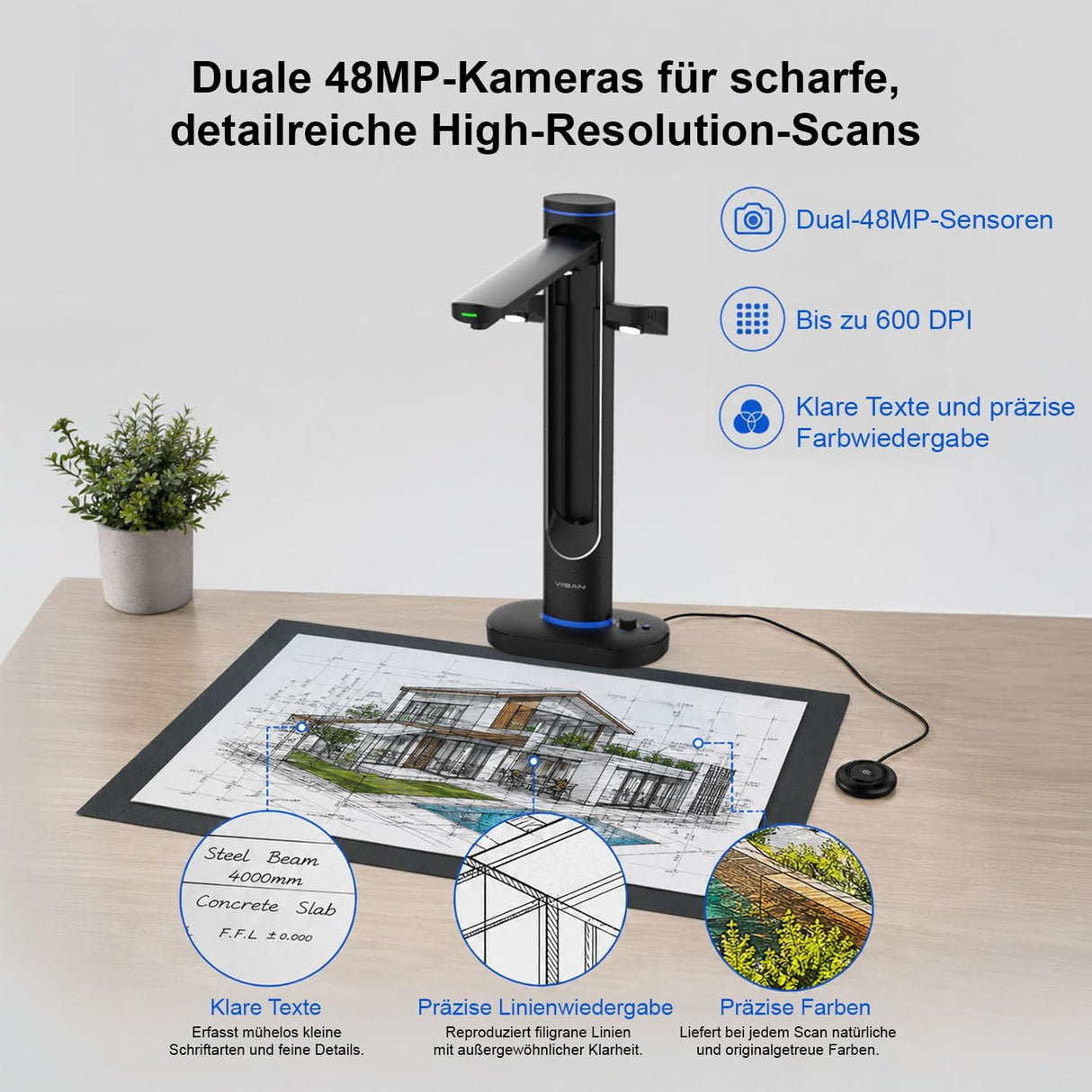VIISAN S48 Duo Overhead Book Scanner - A2/A3 Large Format, Dual 48MP, 600 DPI with OCR & Text-to-Speech for Archiving and Distance Education