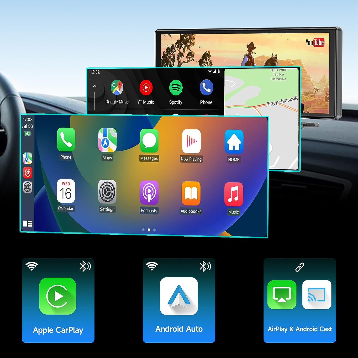 CL860-Portable 9.3"  Wireless CarPlay Car Stereo with Dash Cam