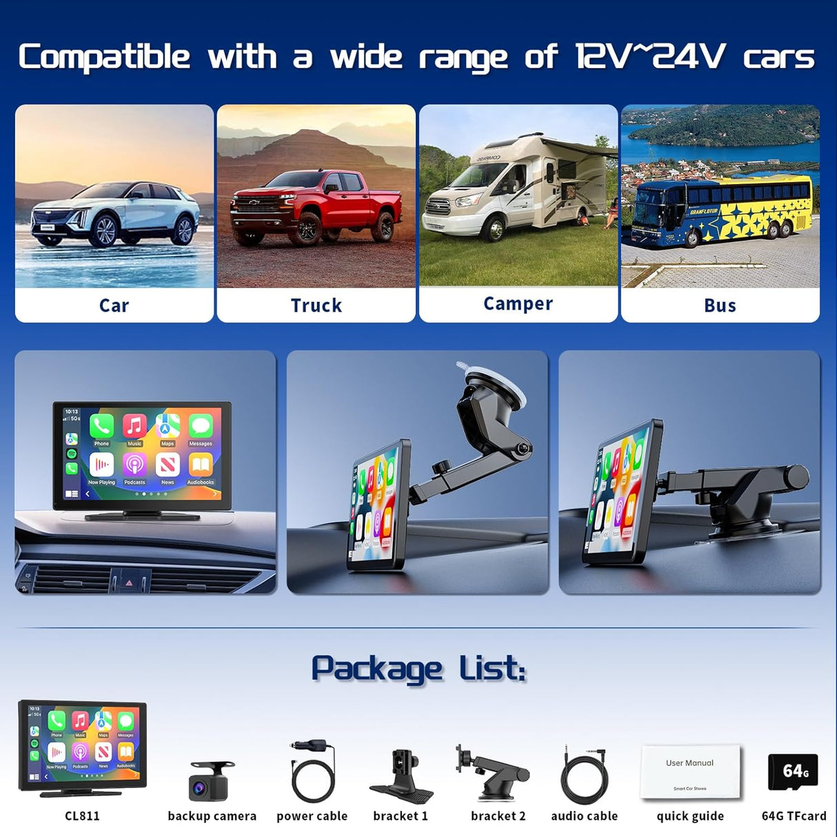 CL811-9" Car Play Screen with 2K Dash Cam/1080P Backup Camera