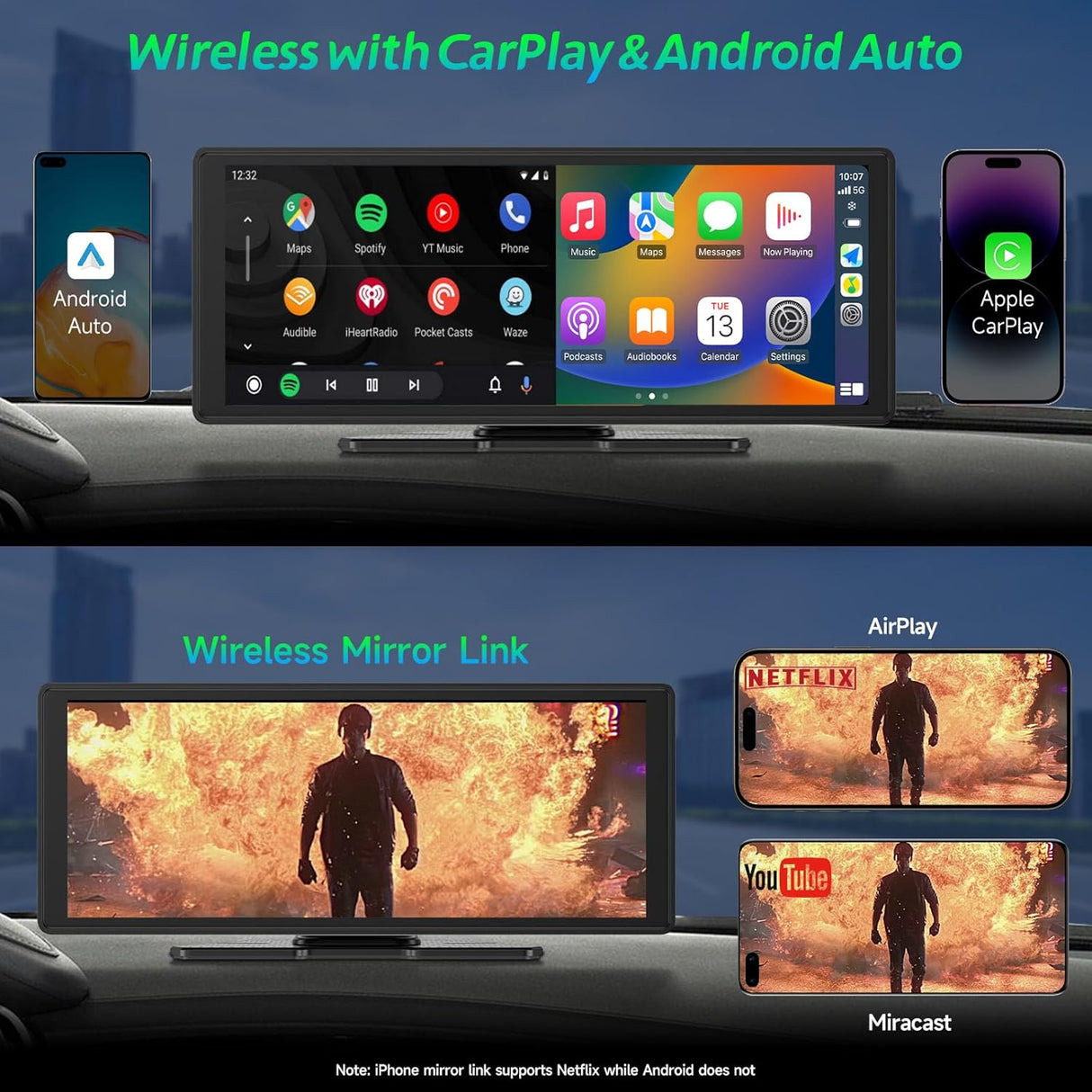CL860L-9.3" 2K Dash Cam/1080P Backup Camera And Wireless Apple CarPlay & Android Auto,