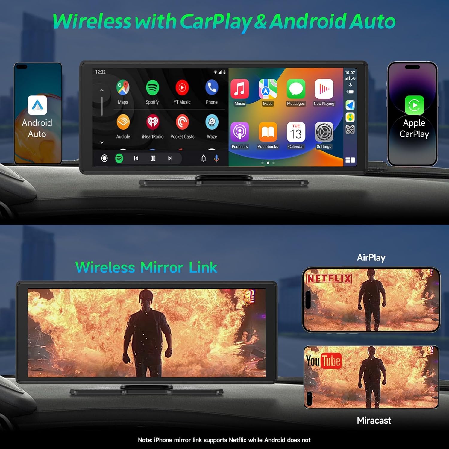 CL860L-9.3" 2K Dash Cam/1080P Backup Camera And Wireless Apple CarPlay & Android Auto,