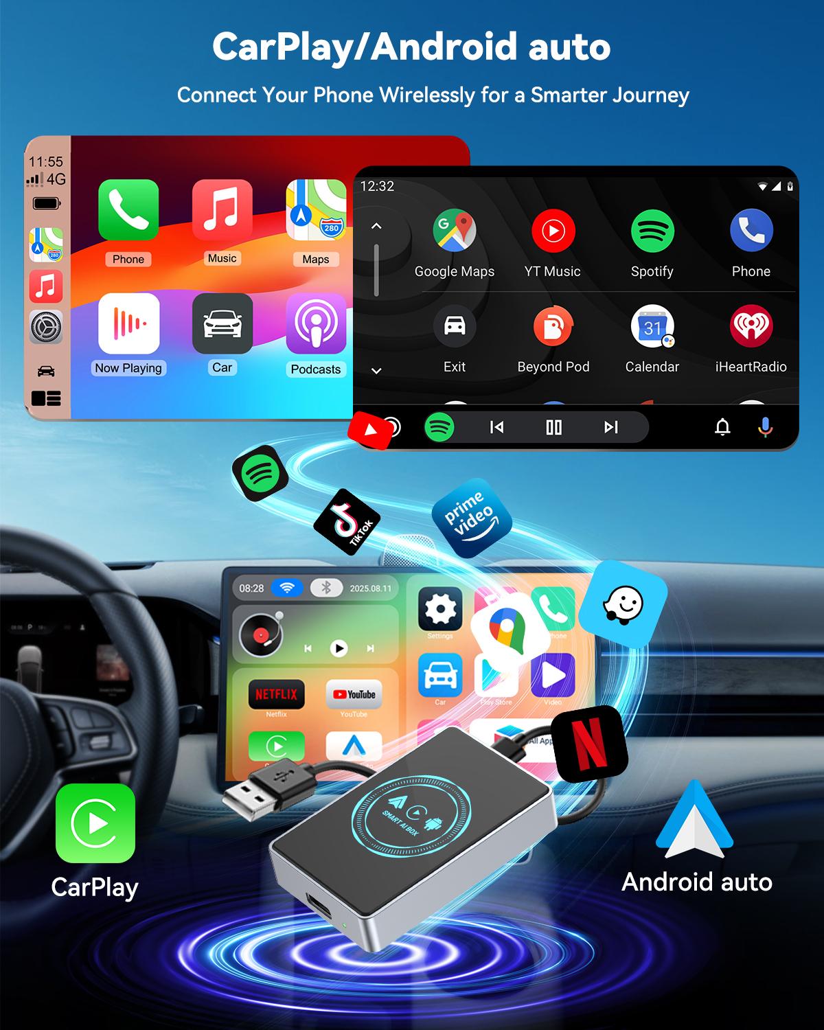 Ai Box Lite Air - Wi-Fi and Bluetooth Connectivity, For iPhone & Androids, Requires Wired Apple CarPlay, Expandable Storage with Youtube & Netflix