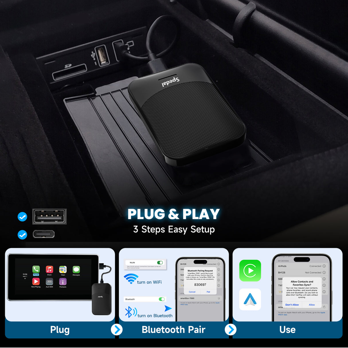 CL310-2-in-1 Wired to Wireless CarPlay Adapter & Android Auto Adapter Plug & Play