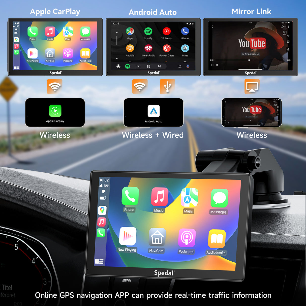 CL810- 9 Coloj Sendrata Apple Carplay &amp; Android Auto kun Antaŭa Fotilo 