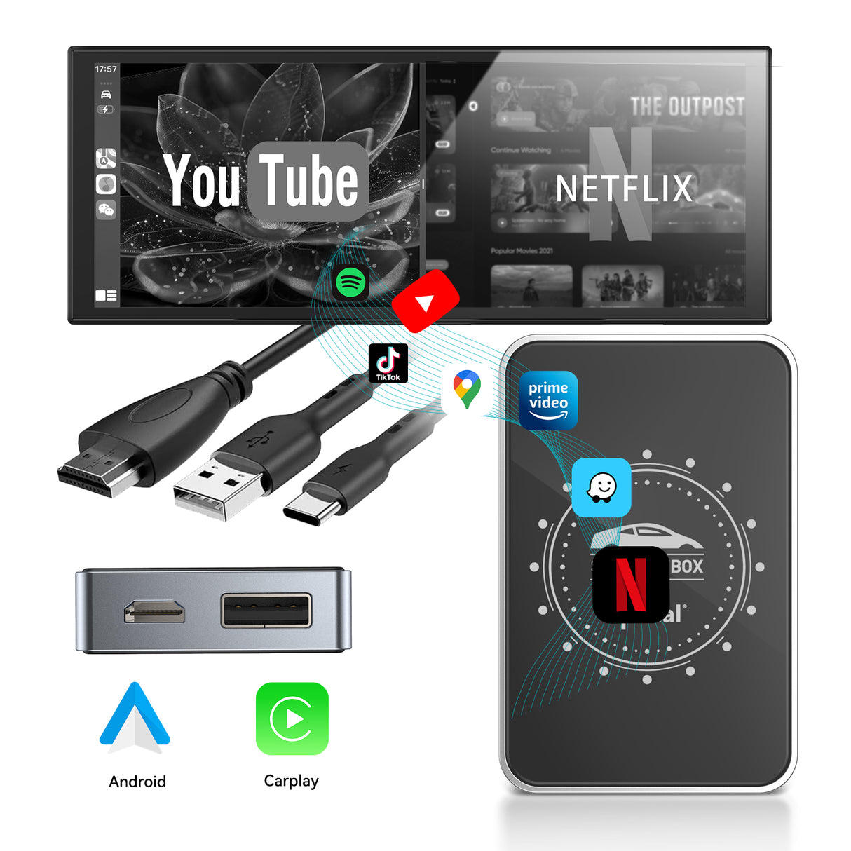 Spedal Netflix CarPlay Adapter | Wireless Car Play Smart Box with YouTube, HDMI Output, Dual WiFi, USB Media Player & OTA Upgrade | Car Video Entertainment Box for Wired CarPlay