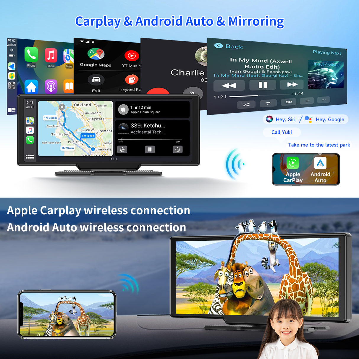 CL850-10.26 Inch Portable Display Audio, Android 14 System, 8 Core CPU, 4GB RAM + 64GB ROM, Wireless CarPlay & Android Auto & Mirroring Compatible