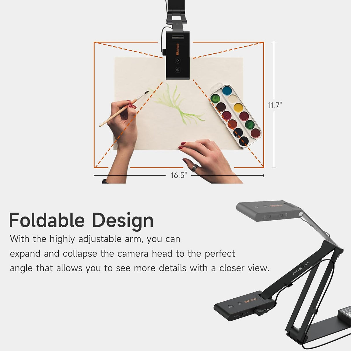 VIISAN VS13AI USB Document Camera with AI-Noise Reduction Mic, 13MP 4K Ultra HD A3-Size Capture, Dual-Mode Autofocus, LED Light, Foldable for Web Conferencing, Live Demo, Compatible macOS & Windows