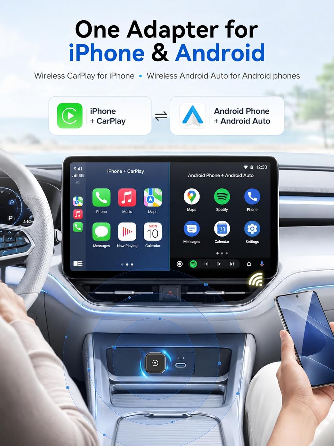 Hyphoon Mini Wireless CarPlay & Android Auto Adapter, Low-Profile USB-A 2-in-1 Wireless Adapter for Factory Wired CarPlay/Android Auto Cars, Plug-in Once Auto Reconnect, 5GHz WiFi, USB-C Adapter Included