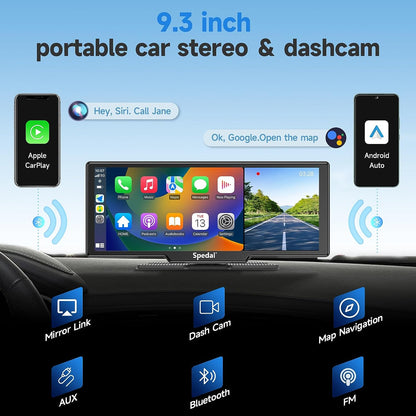 Spedal NaviCam-860 Portable Wireless CarPlay Car Stereo with Dash Cam - 9.3" HD IPS Screen