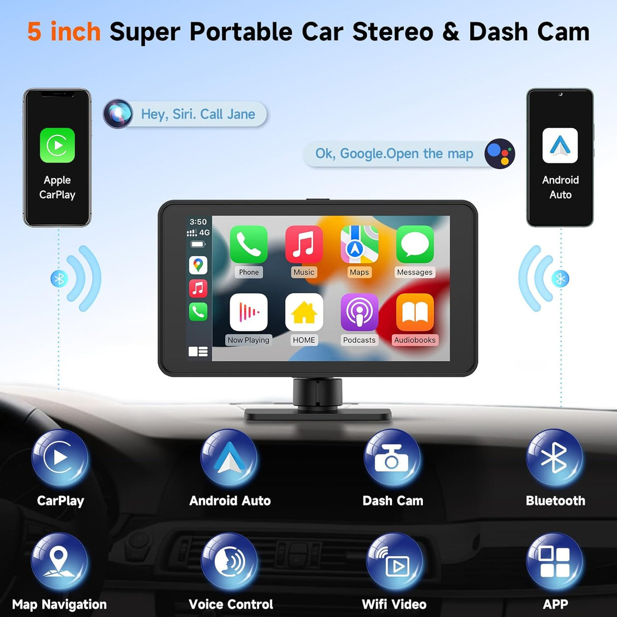 CL518-5 Inch Portable Car Stereo Wireless CarPlay with 2.5K Dashcam –  Spedal-Store