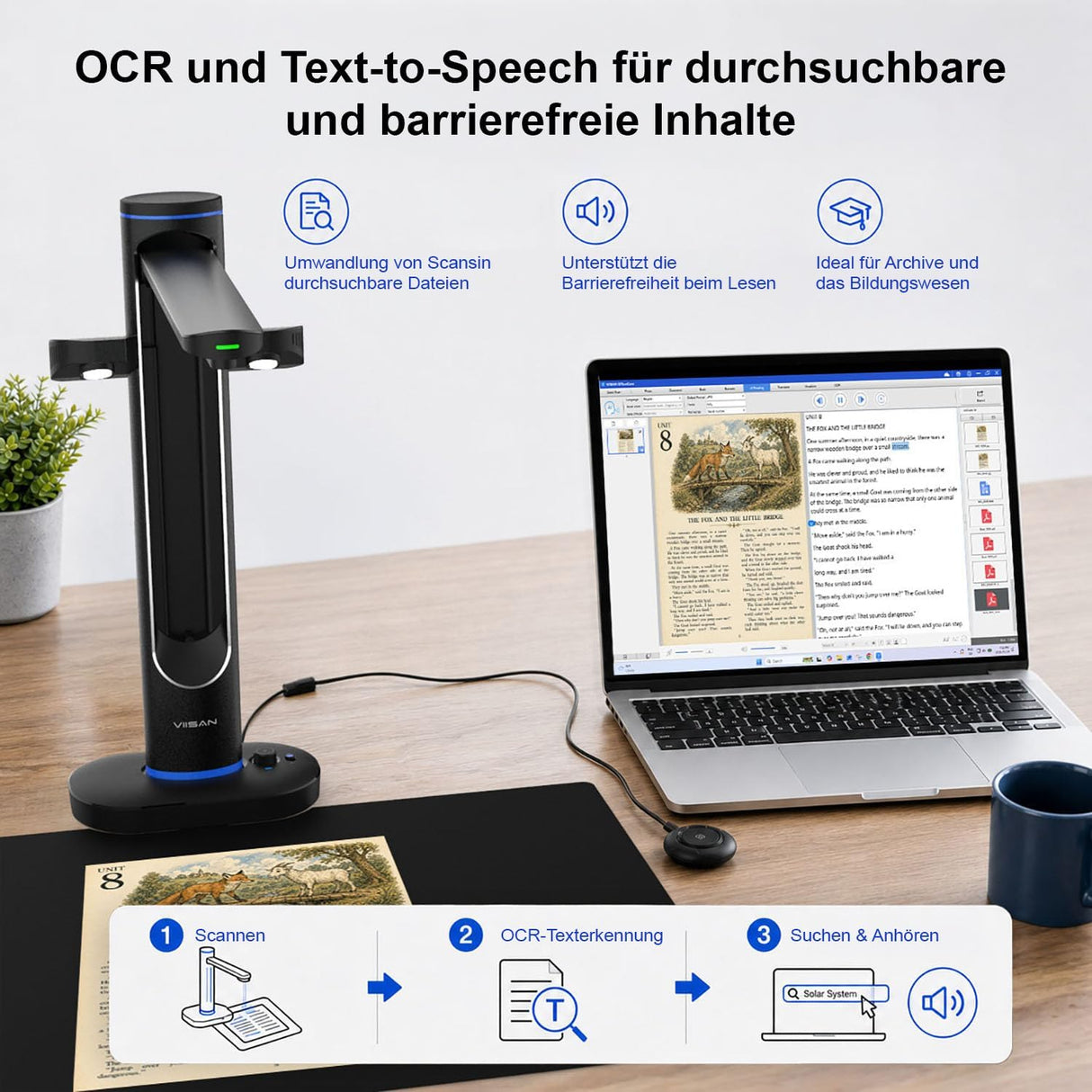 VIISAN S48 Duo Overhead Book Scanner - A2/A3 Large Format, Dual 48MP, 600 DPI with OCR & Text-to-Speech for Archiving and Distance Education