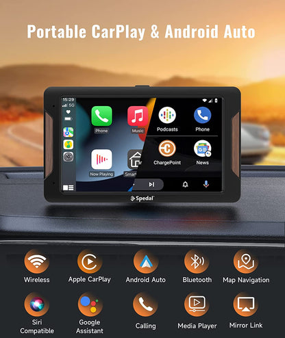 Spedal -CL787 - 7 Inch Wireless Apple CarPlay and Android Auto, Portable Car Stereo with Mirror Link