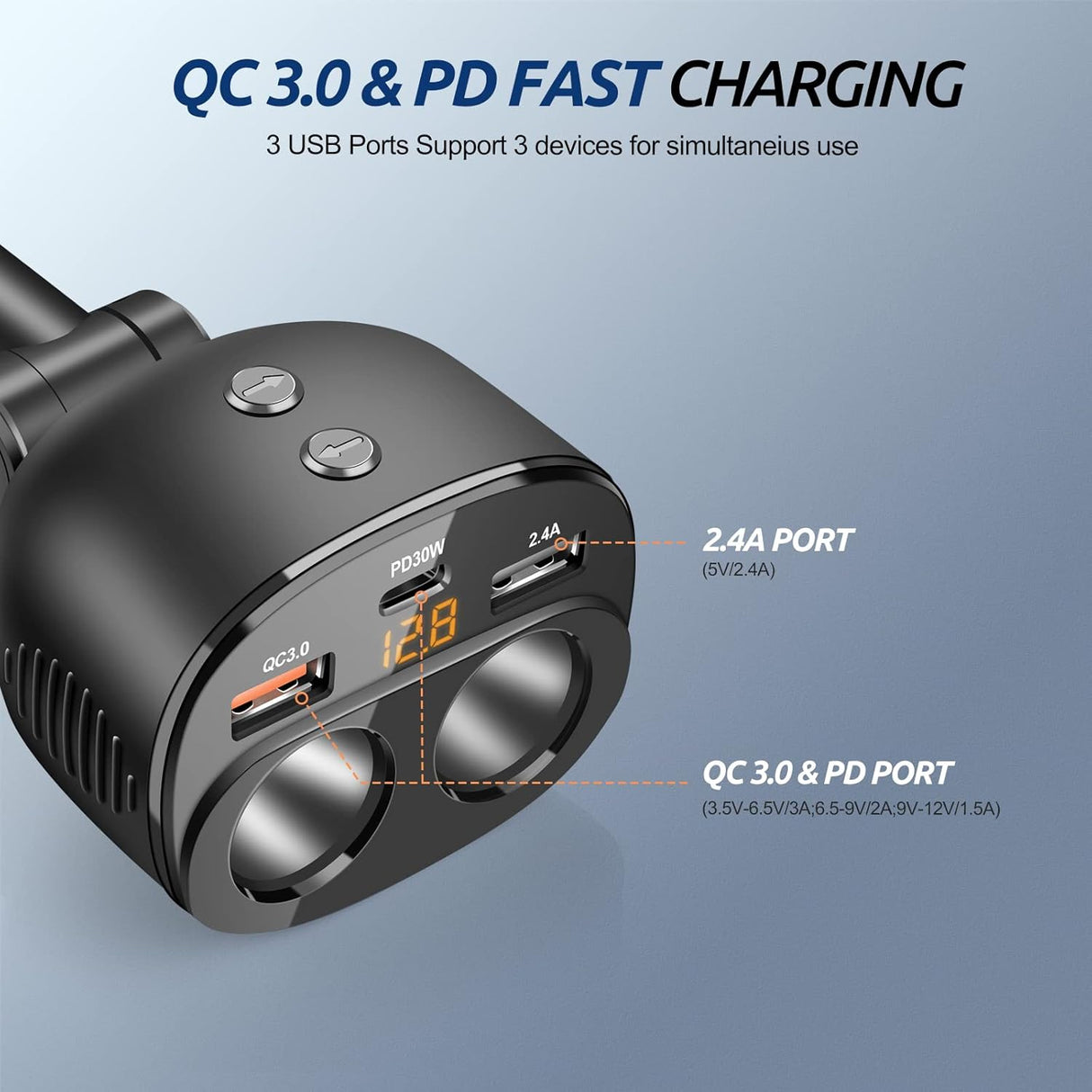 USB C Car Charger 30W USB Car Charger Adapter with LED PD & QC3.0 Fast Charging Dual Ports