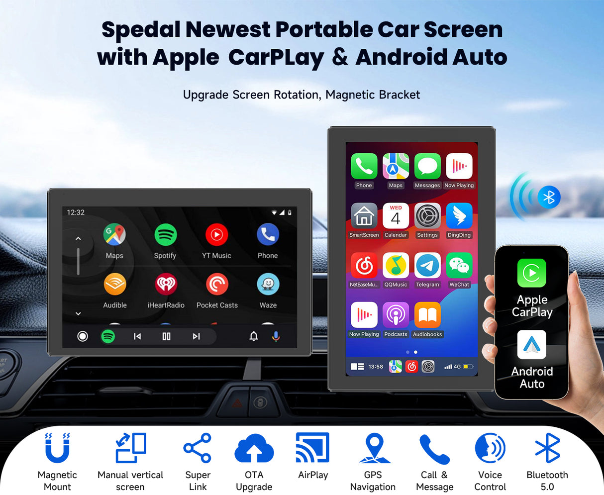 Spedal-CL798-7'' Apple CarPlay Screen with Android Auto Portable Touchscreen with Portrait & Landscape Modes Magnetic Bracket