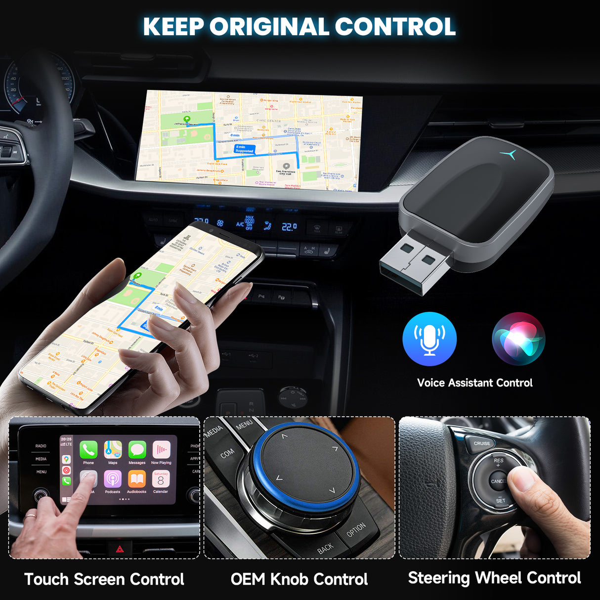 2-in-1 with USB interface Wired to Wireless CarPlay Adapter & Android Auto Adapter