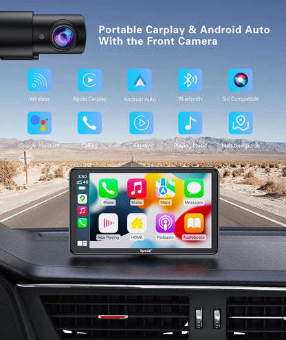 Spedal CL796W -Wireless Apple Carplay Android Auto Portable 7 Inch IPS Touchscreen Car Stereo with Front Camera