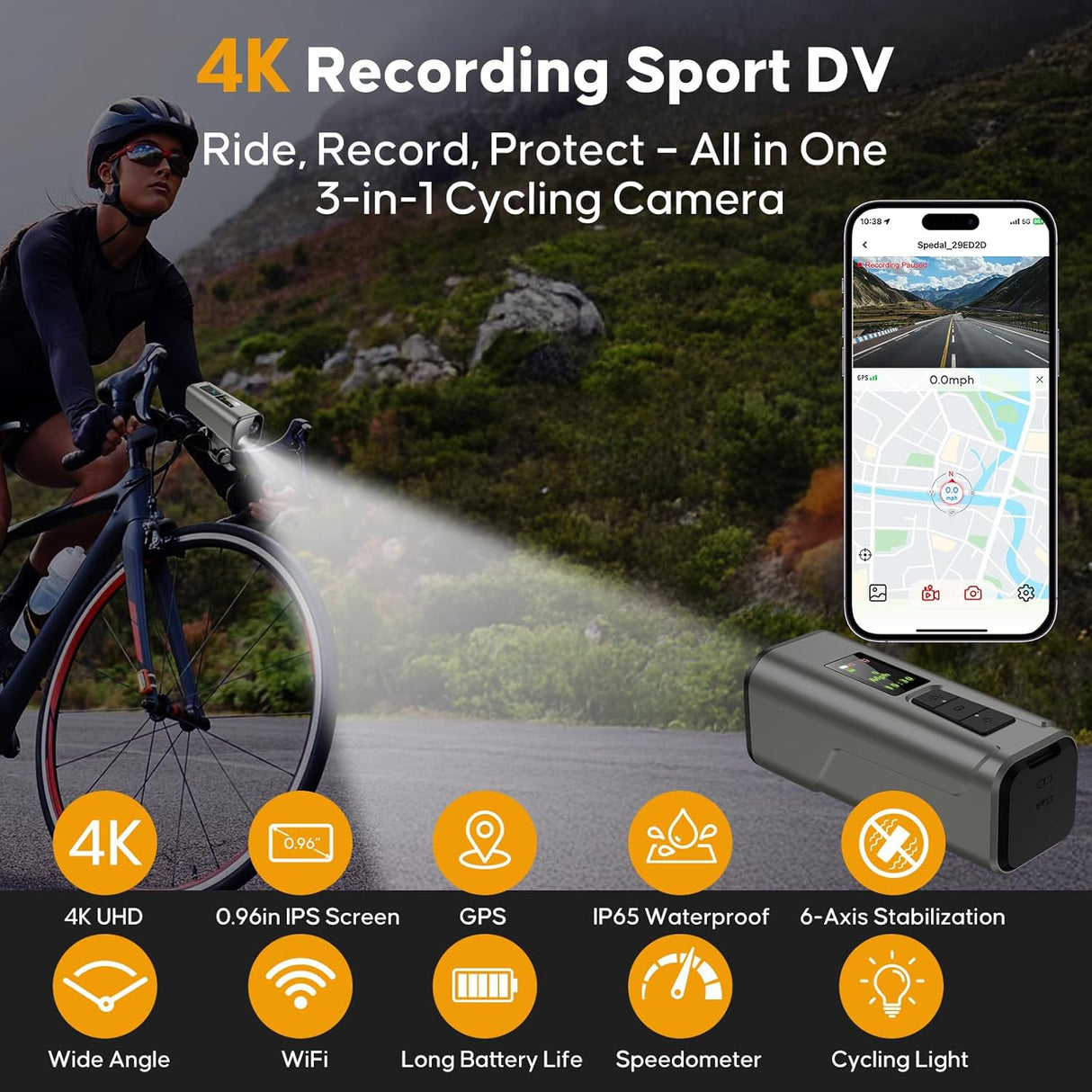 Spedal Multi-functional Bike Light with GPS Speed Display & 1080P Camera & App 64G Card