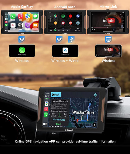 Spedal -CL787 - 7 Inch Wireless Apple CarPlay and Android Auto, Portable Car Stereo with Mirror Link