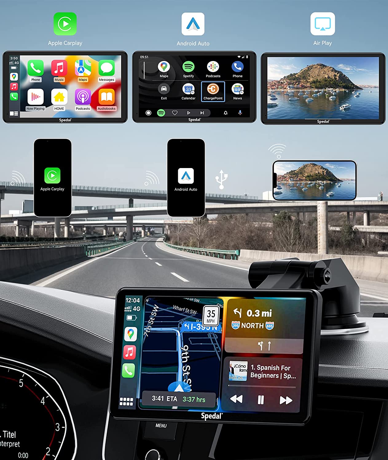 Spedal CL796W -Wireless Apple Carplay Android Auto Portable 7 Inch IPS Touchscreen Car Stereo with Front Camera