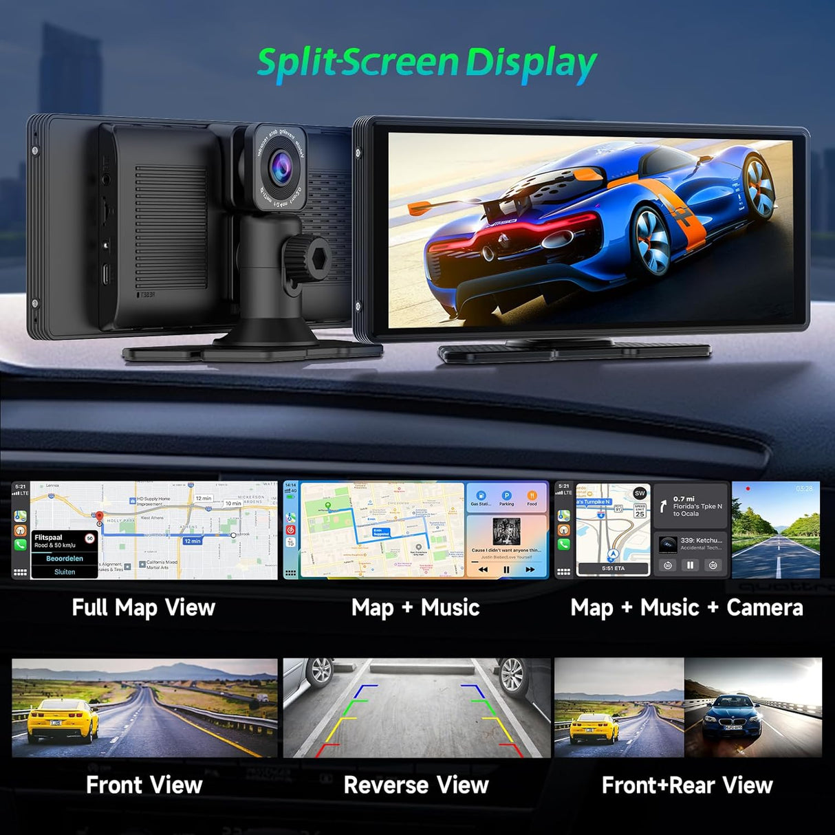 CL860L-9.3" 2K Dash Cam/1080P Backup Camera And Wireless Apple CarPlay ＆ Android Auto,
