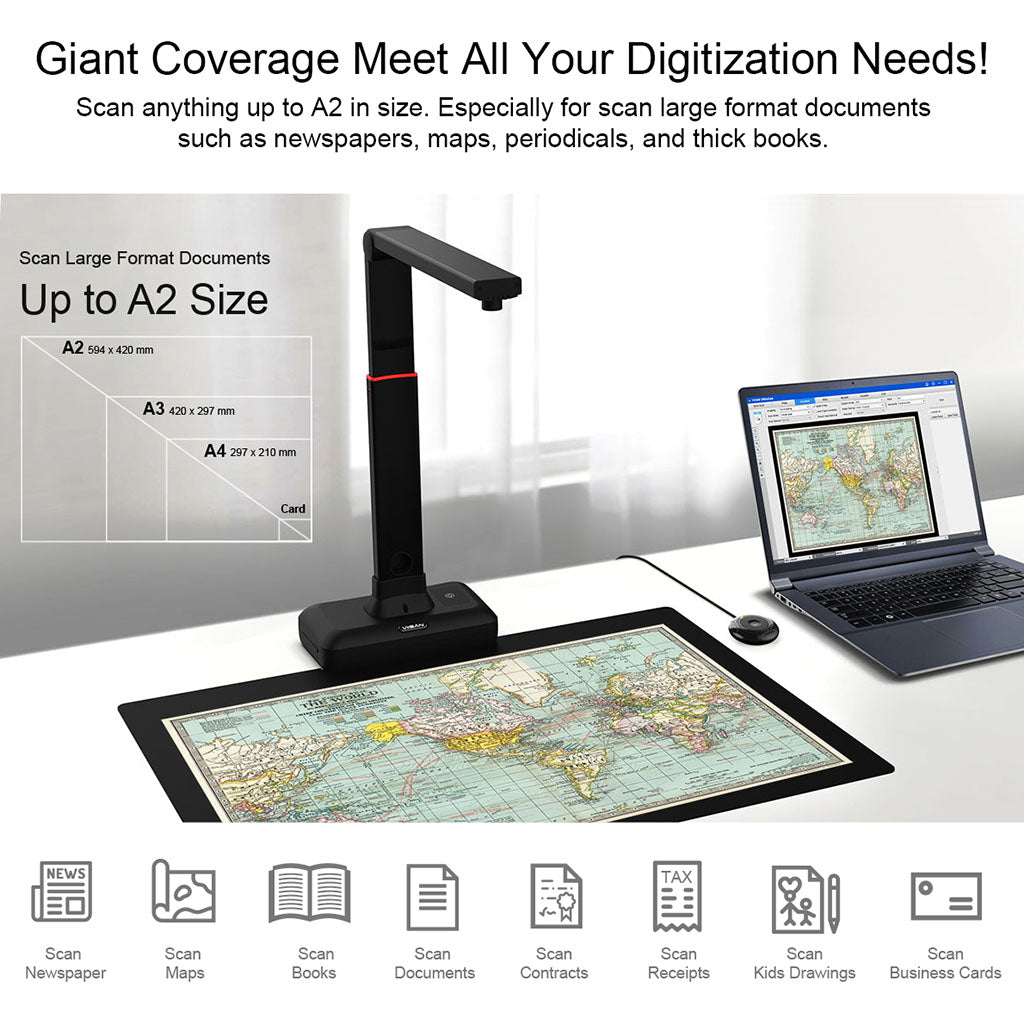 VIISAN S21 Large Format Book & Document Scanner, Capture Size A2/A3, 26MP USB Document Camera with Auto-Flatten, Fingerprint Removal Technologies, Multi-Language OCR, Compatible with Windows & macOS