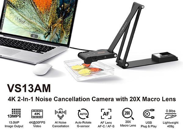 VIISAN VS13AM 13MP Book & Document Scanner 4K USB Camera with 20X Macro View, AI Noise Reduction, Auto Focus, Plug & Play for PC