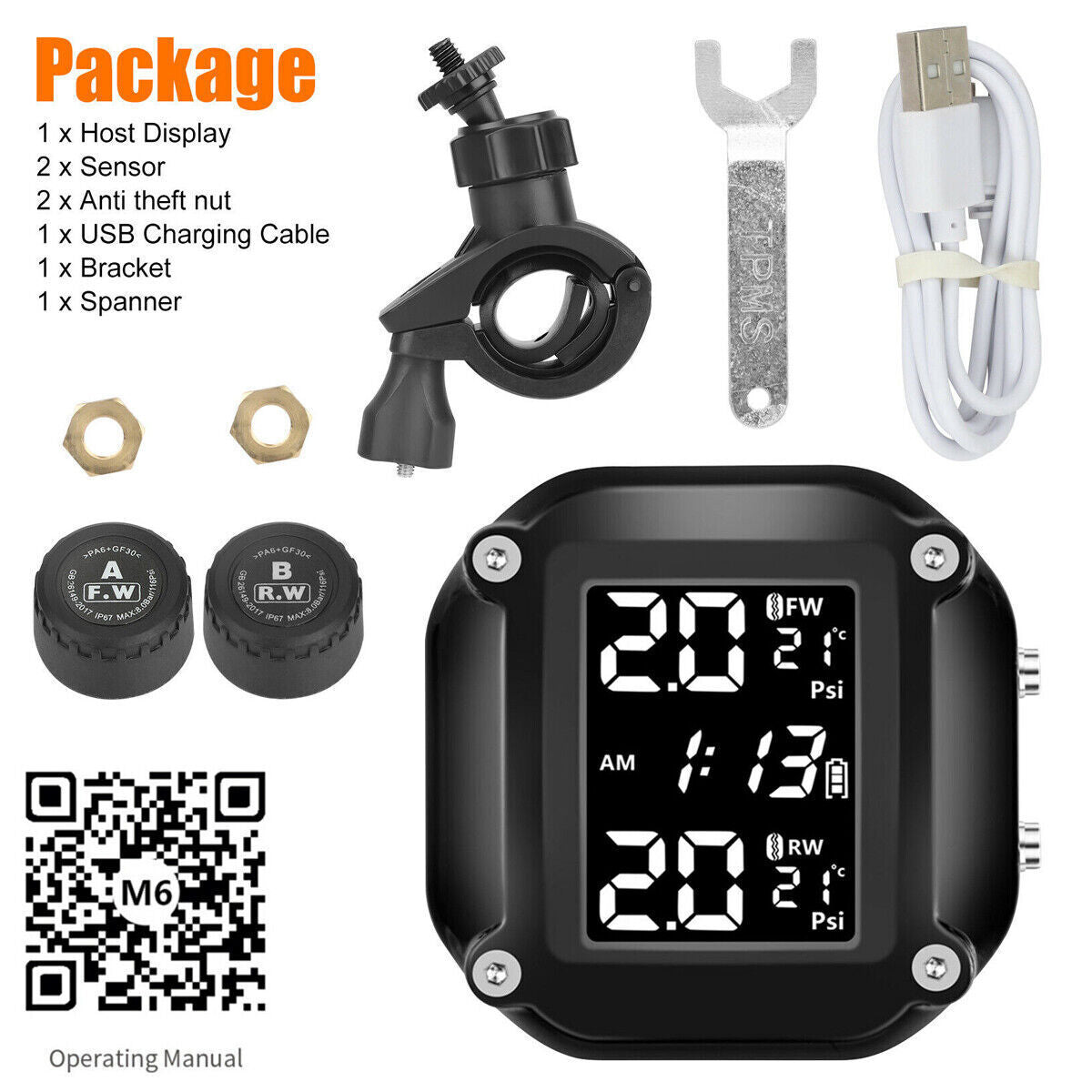 Anself Tire Pressure Detector Motorcycle Tire Pressure Monitor Monitoring  System TPMS Detector with 2 Waterproof External Sensors Support USB Output  