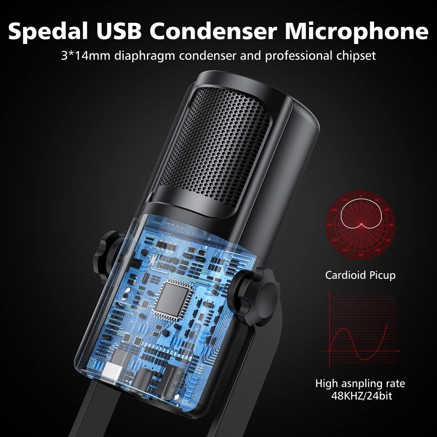 Spedal USB Condenser Microphone for PC & Mac, Computer Mic for Gaming Recording Streaming Podcast, 4 Pickup Patterns, Built-in Pop Filter, Headphone Output, Mic Monitoring/Gain, Mute Buttons