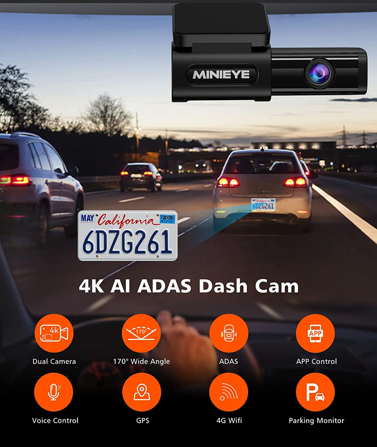 4K Dash Cam Front and Rear, Dual Dash Camera for Cars 4K+1080P - MINIEYE  C2M AI Collision Avoidance Device, 2.4'' LCD, Built-in 5G WiFi GPS, ADAS