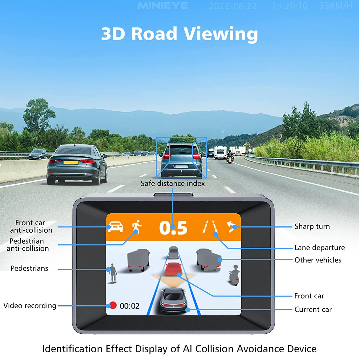Dash Cam With Forward Collision Warning MINIEYE AC1-AI Collision Avoidance Device - Smart Dash Cam with ADAS